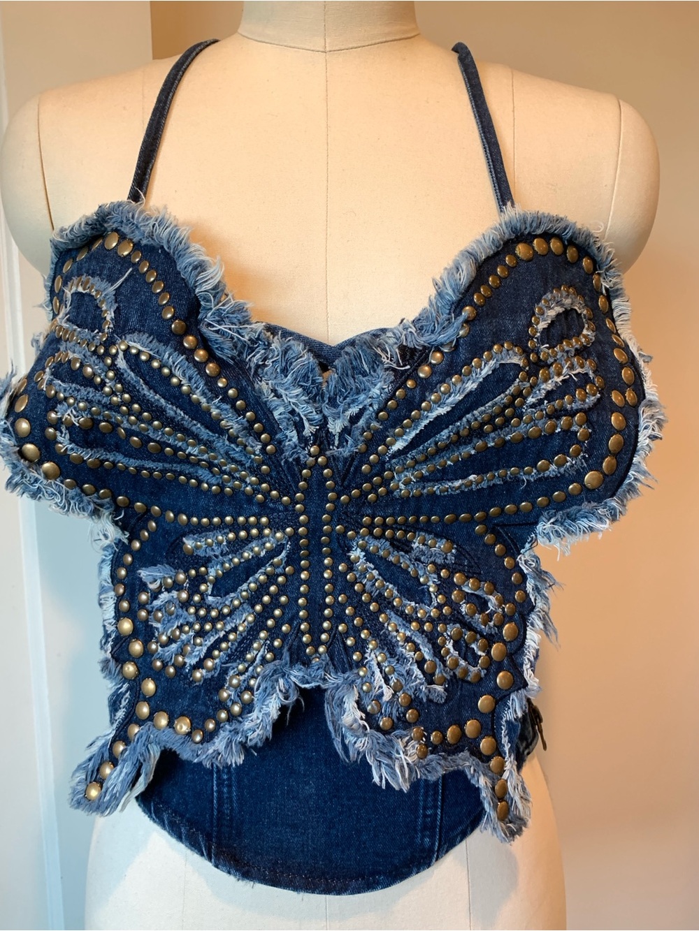 AKIRA Blue Denim Butterfly Studded Corset Camisole - Picture 3 of 10